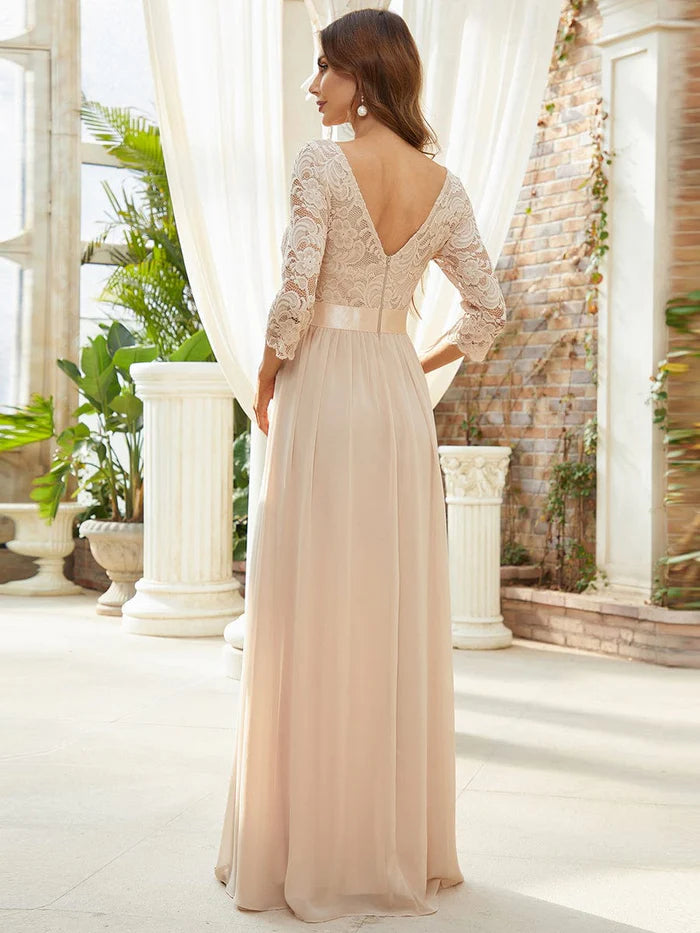 See-Through Floor Length Lace Bridesmaid Dress with Half Sleeve