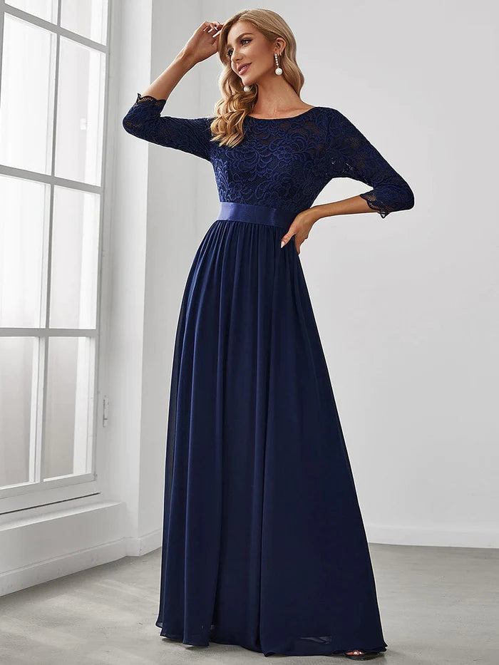 Elegant Round Neck A Line See-Through Lace Bridesmaid Dress