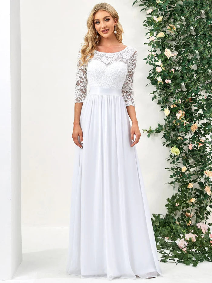Elegant Round Neck A Line See-Through Lace Bridesmaid Dress