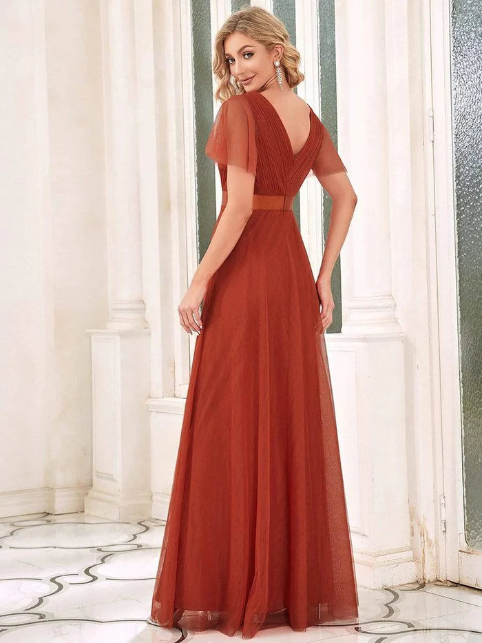 Double V-Neck Tulle Floor-Length Bridesmaid Dress