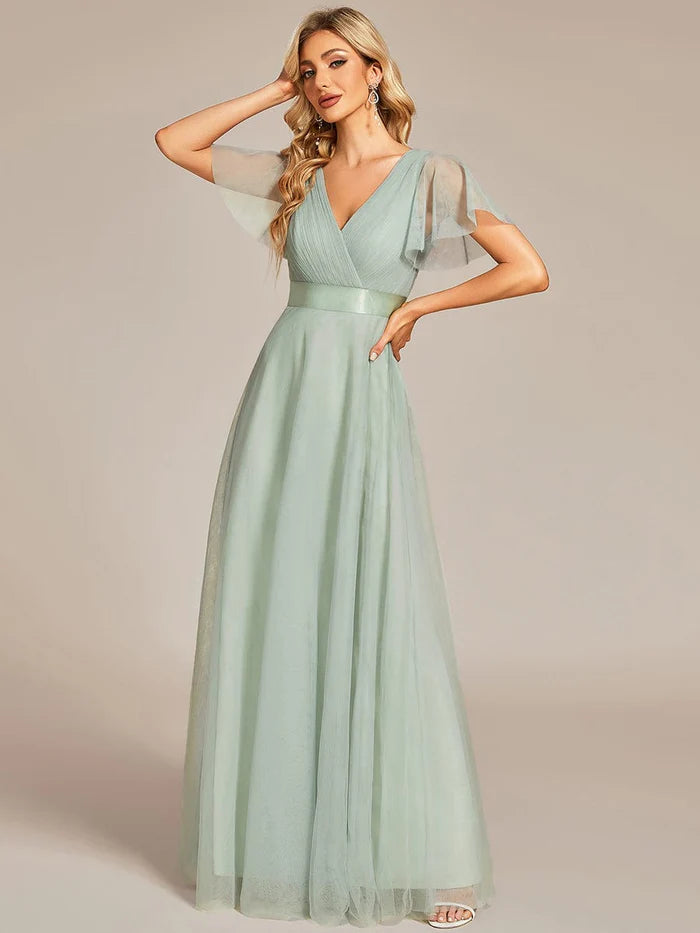 Double V-Neck Tulle Floor-Length Bridesmaid Dress