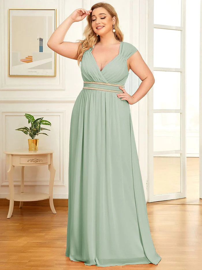 V-Neck Sleeveless Grecian Style Plus Size Evening Dresses