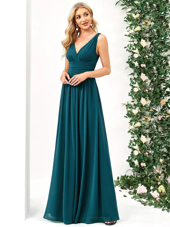 Elegant V Neck A Line Chiffon Maxi Bridesamid Dresses