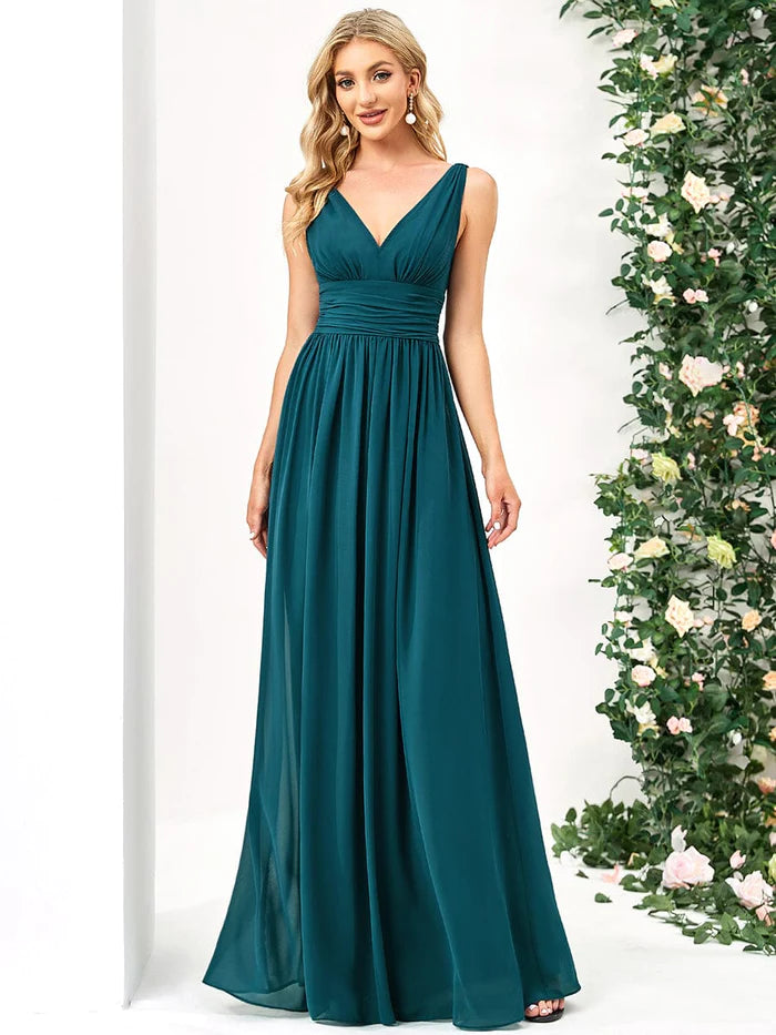 Elegant V Neck A Line Chiffon Maxi Bridesamid Dresses