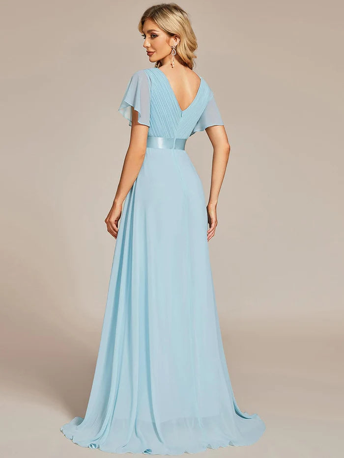 High Waist Short Sleeves Bridesmaid Dress