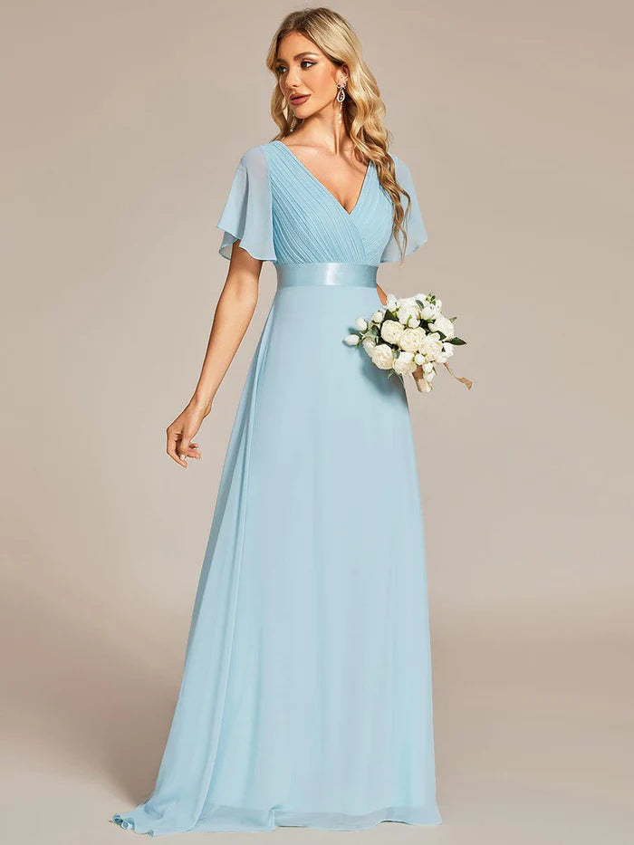 High Waist Short Sleeves Bridesmaid Dress