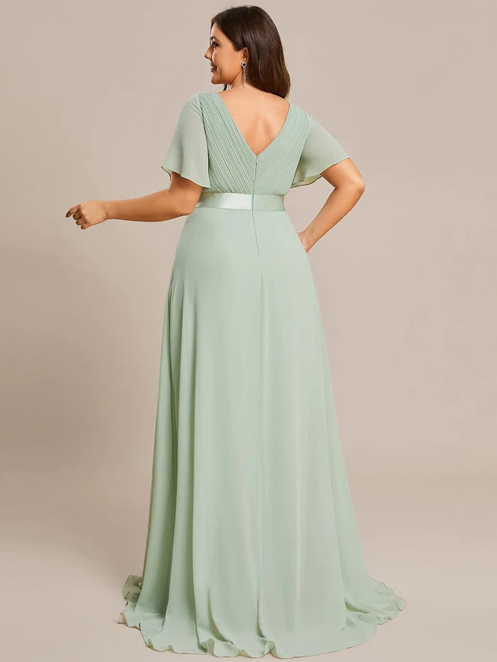 High Waist Short Sleeves Bridesmaid Dress