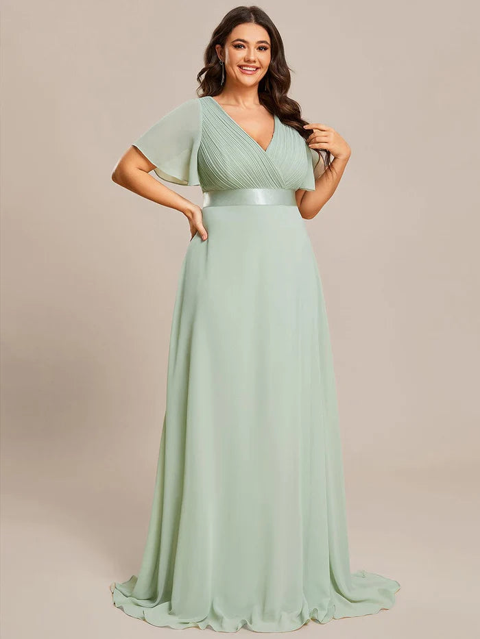 High Waist Short Sleeves Bridesmaid Dress