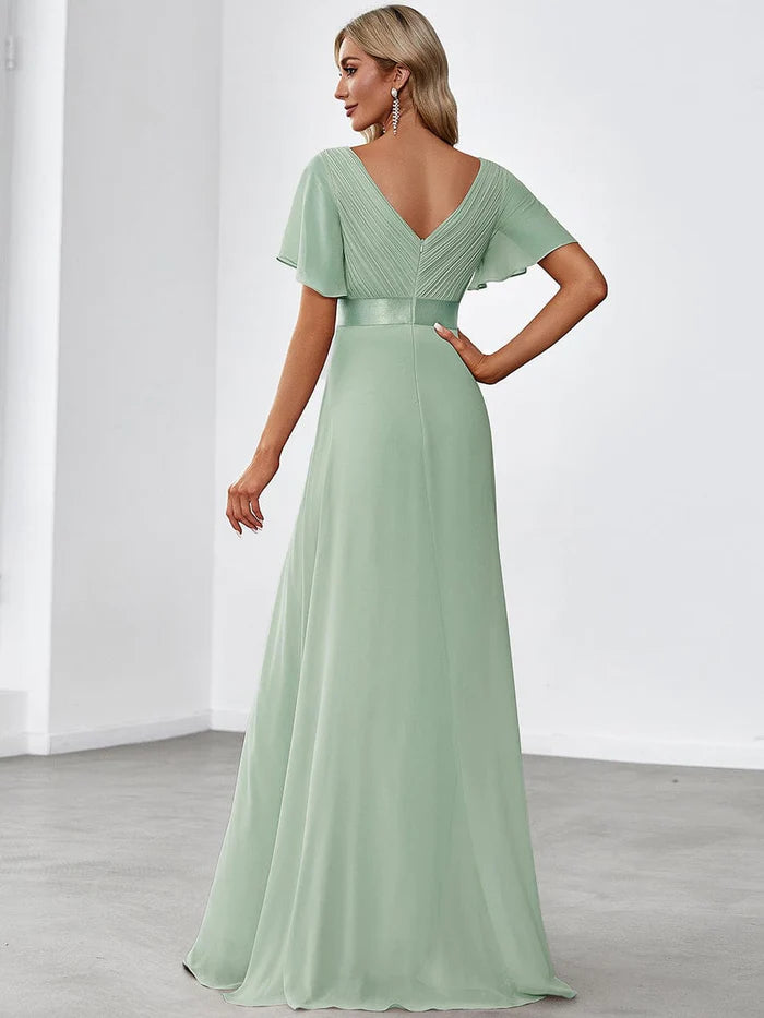 High Waist Short Sleeves Bridesmaid Dress