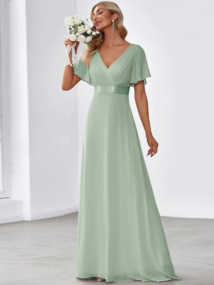 High Waist Short Sleeves Bridesmaid Dress