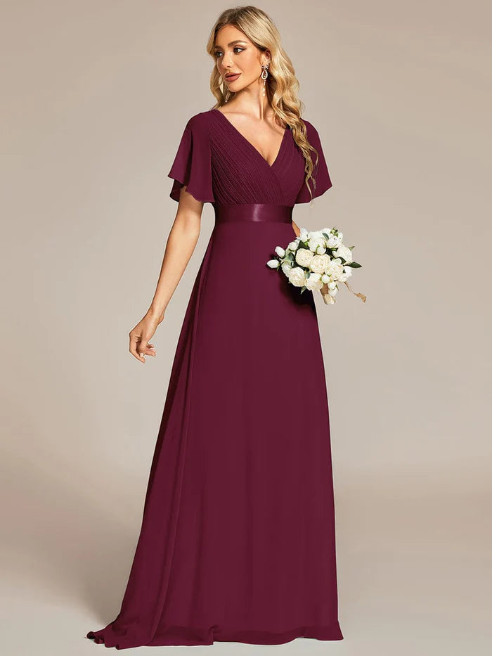 High Waist Short Sleeves Bridesmaid Dress