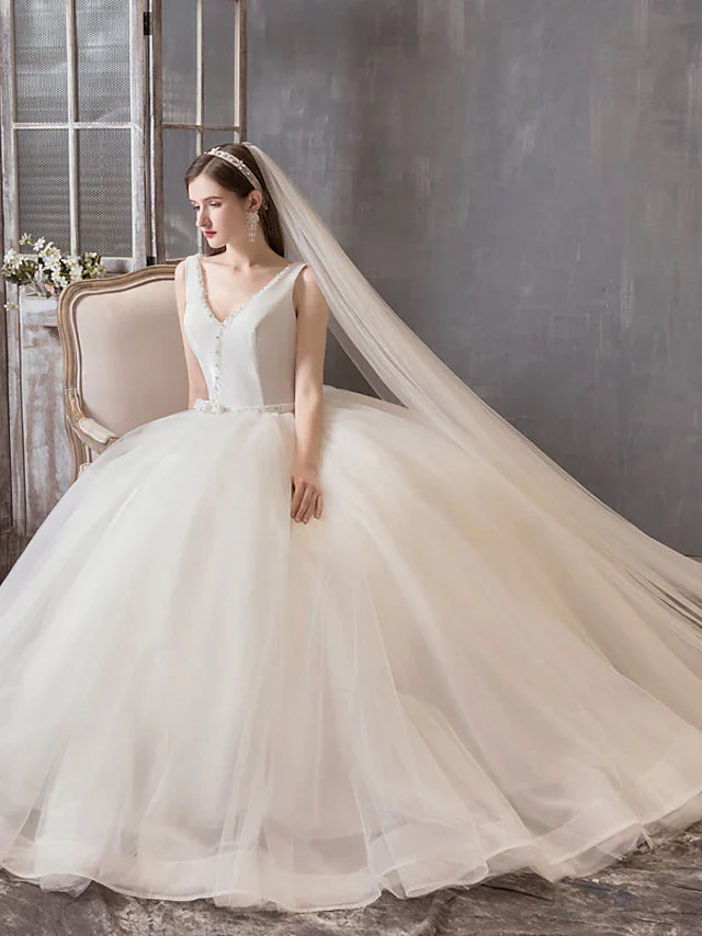 Dingji Princess Ball Gown Wedding Dresses V Neck Floor Length Satin Tulle Sleeveless Formal Luxurious with Bow(s) Beading