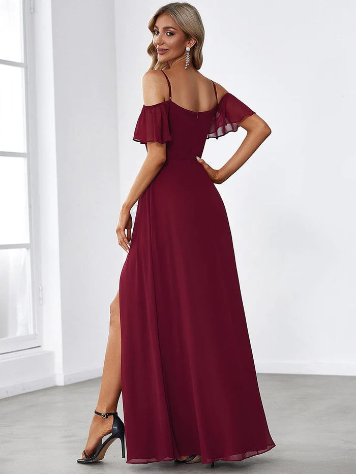 Stylish Cold-Shoulder Floor Length Bridesmaid Dress with Side Slit