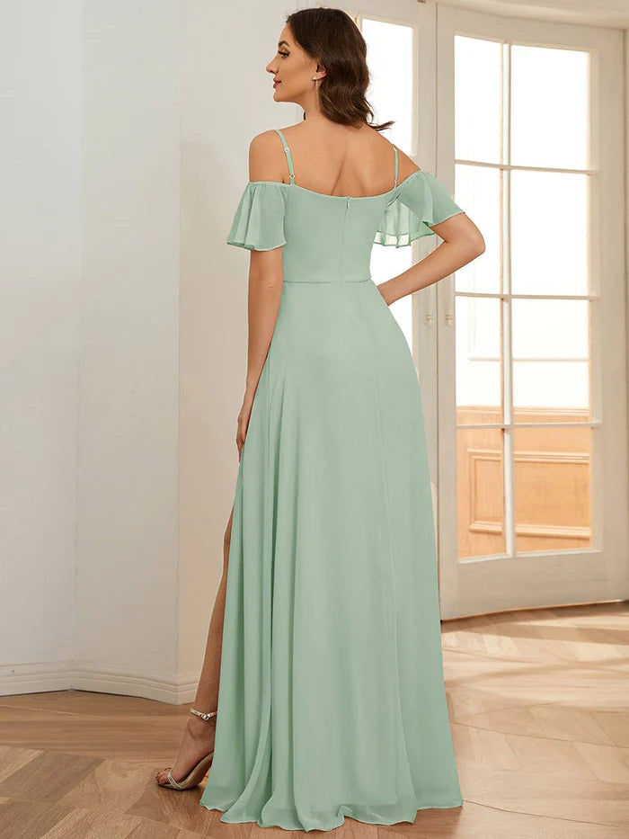 Custom Size Cold-Shoulder Floor Length Bridesmaid Dress with Side Slit