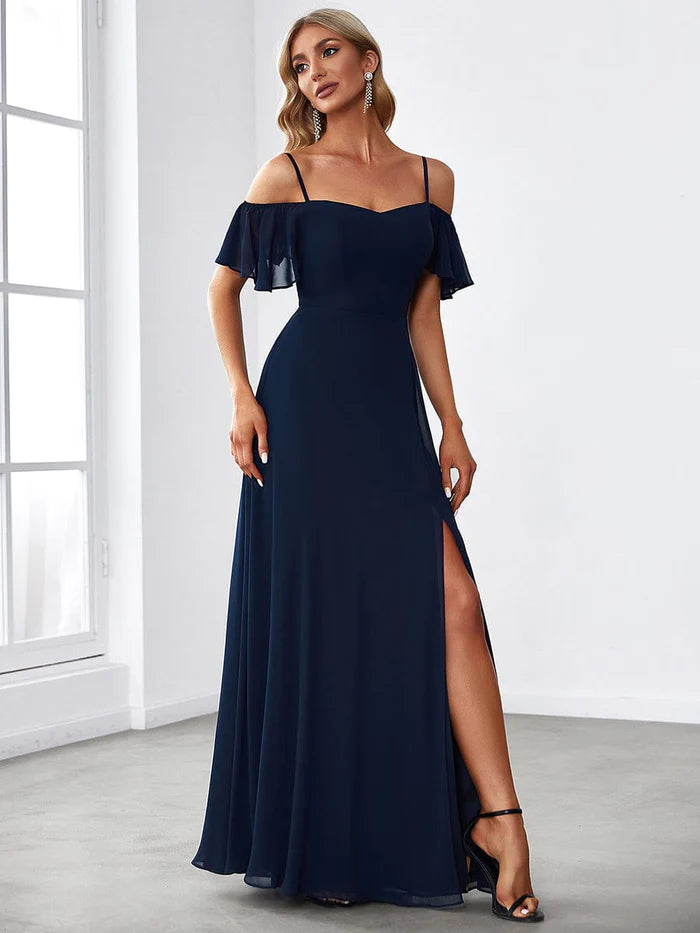 Custom Size Cold-Shoulder Floor Length Bridesmaid Dress with Side Slit