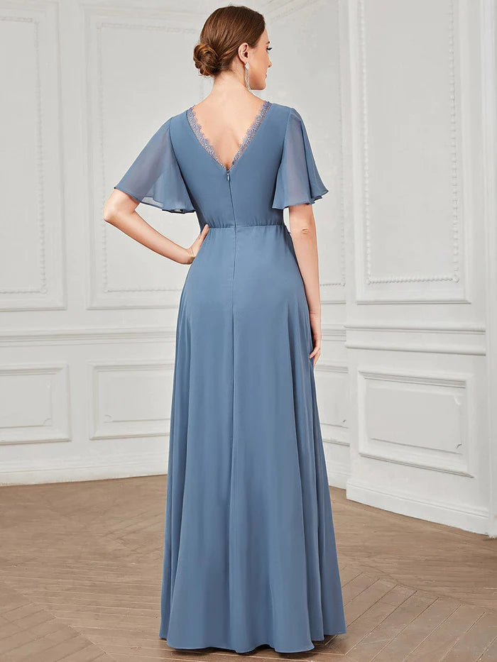 Flutter Short Sleeve Lace A-Line Pleated Chiffon Bridesmaid Dress