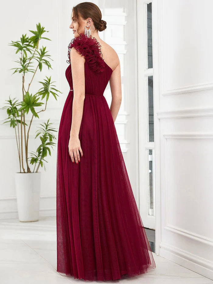 Ruffled One Shoulder Sequin Waist A-Line Tulle Bridesmaid Dress
