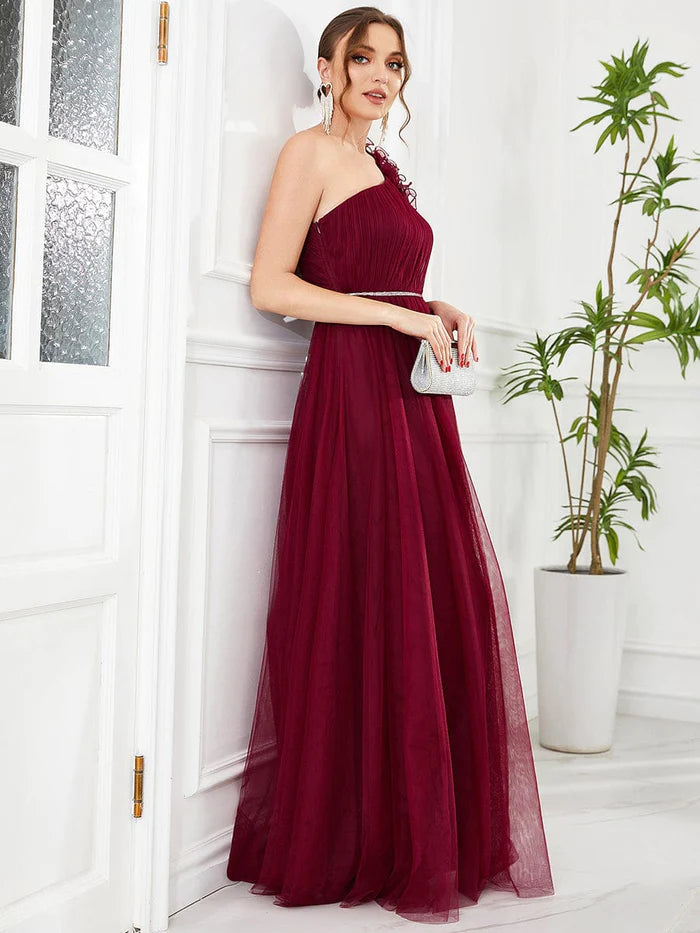 Ruffled One Shoulder Sequin Waist A-Line Tulle Bridesmaid Dress