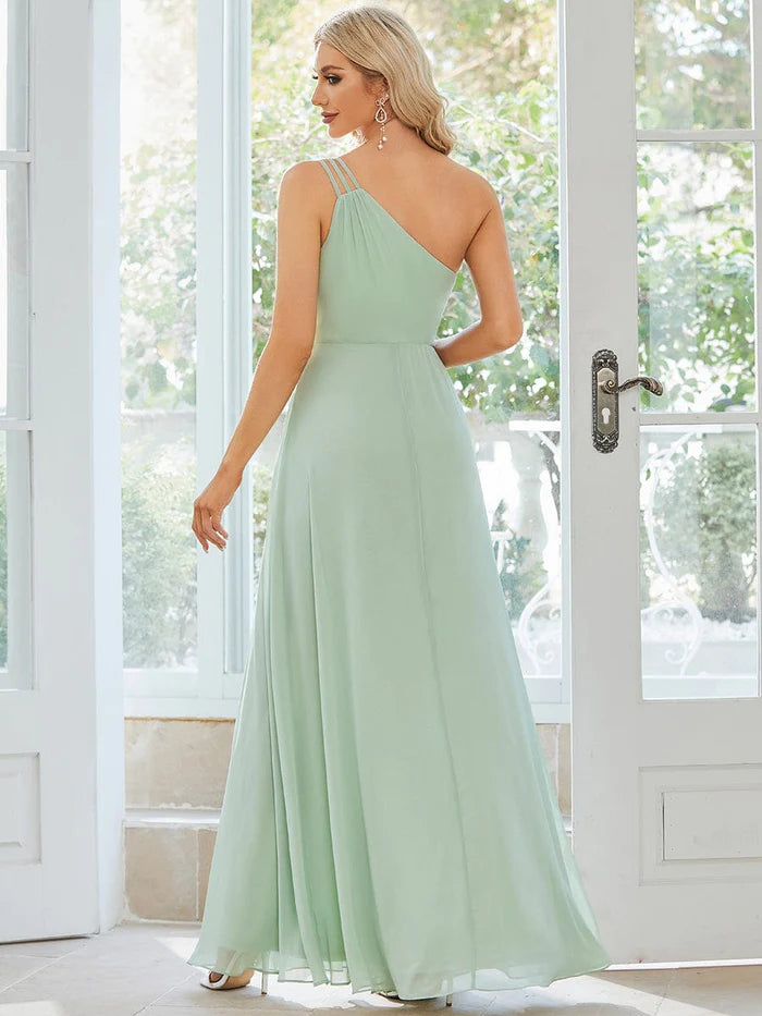 Custom Size Flowy Chiffon One-Shoulder Bridesmaid Dress with Spaghetti Strap
