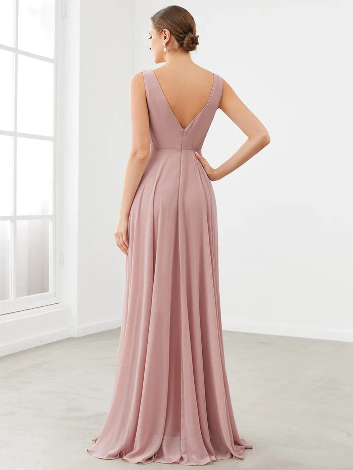 Custom Size Chiffon Ruffled Front Slit Pleated V-Neck Bridesmaid Dress