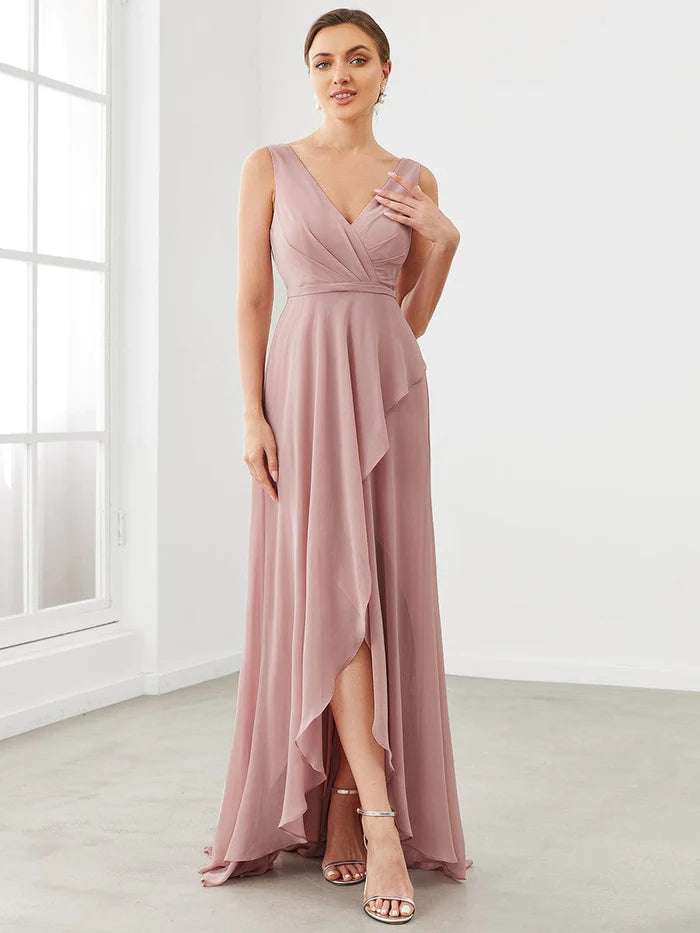Custom Size Chiffon Ruffled Front Slit Pleated V-Neck Bridesmaid Dress