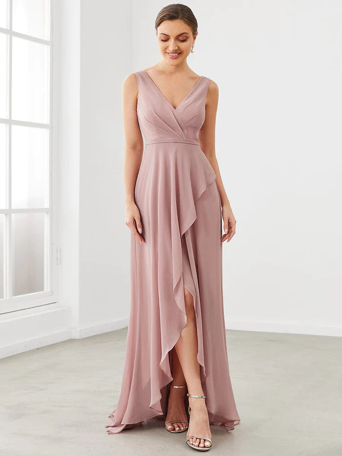 Custom Size Chiffon Ruffled Front Slit Pleated V-Neck Bridesmaid Dress