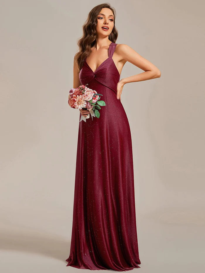 Glittery Pleated V-neck Adjustable Back Lace-Up Sleeveless Bridesmaid Dress