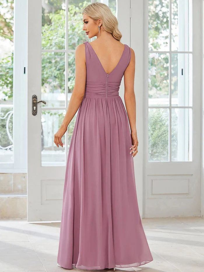 Elegant Sleeveless V-Neck Maxi Chiffon Bridesmaid Dress
