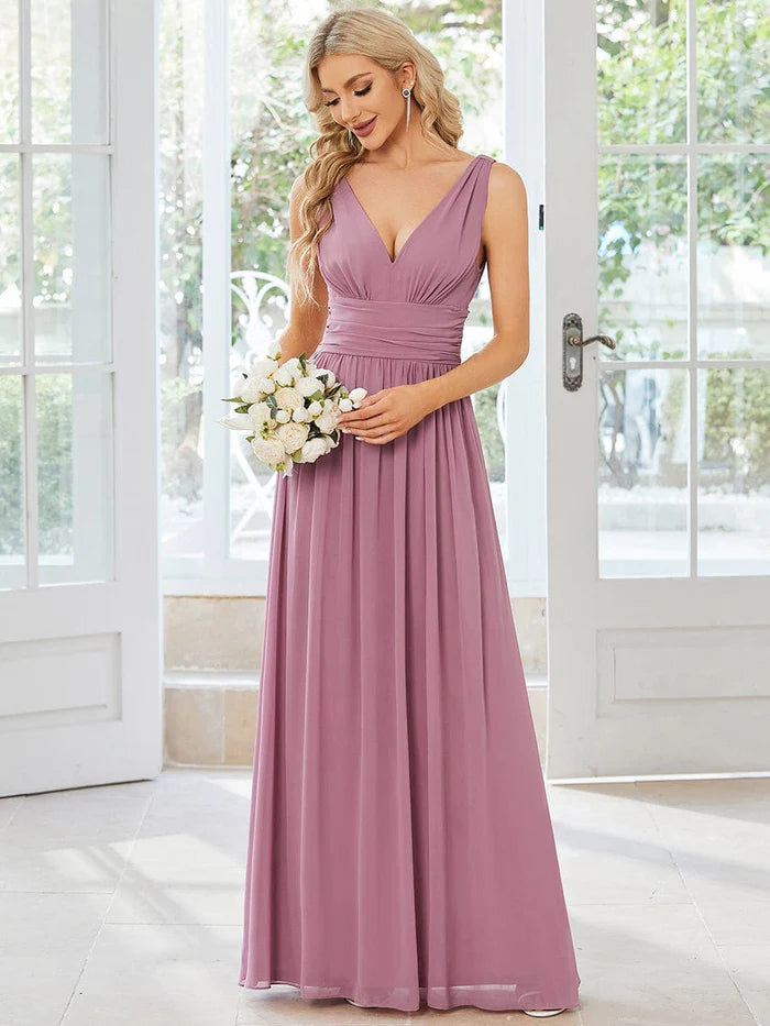 Elegant Sleeveless V-Neck Maxi Chiffon Bridesmaid Dress