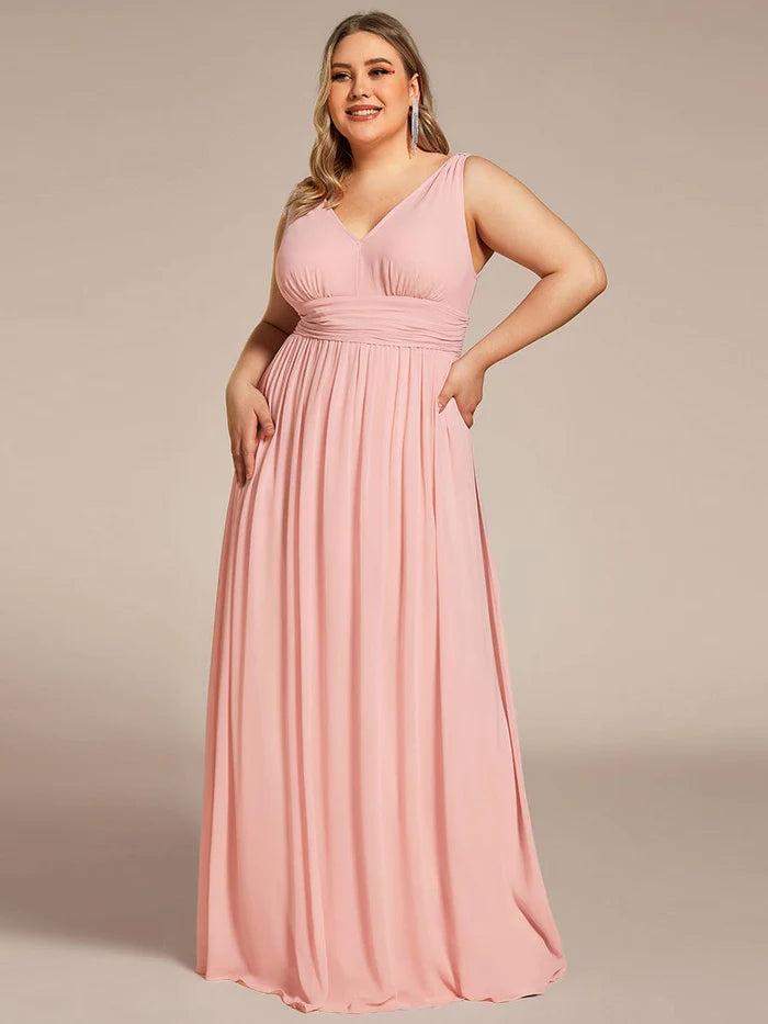 V Neck Sleeveless Pleated Chiffon Evening Dress