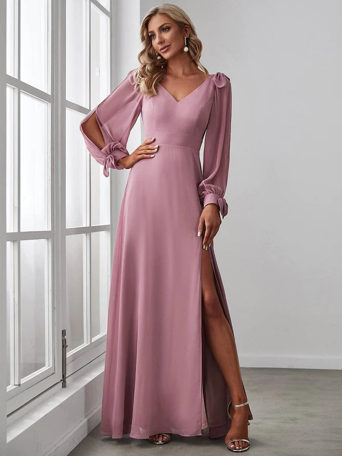 Gentle Split Sleeve Low Back Thigh Slit Bridesmaid Dress