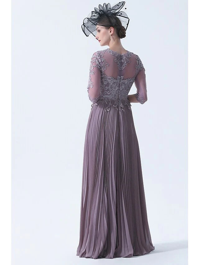 A-Line Mother of the Bride Dress Plus Size Elegant See Through Bateau Neck Chiffon Lace Half Sleeve with Sash Ribbon Appliques