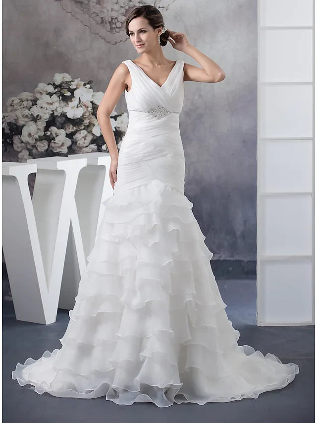 DingjiWedding Dresses V Neck Chapel Train Organza Regular Straps with Ruched Beading Cascading Ruffles