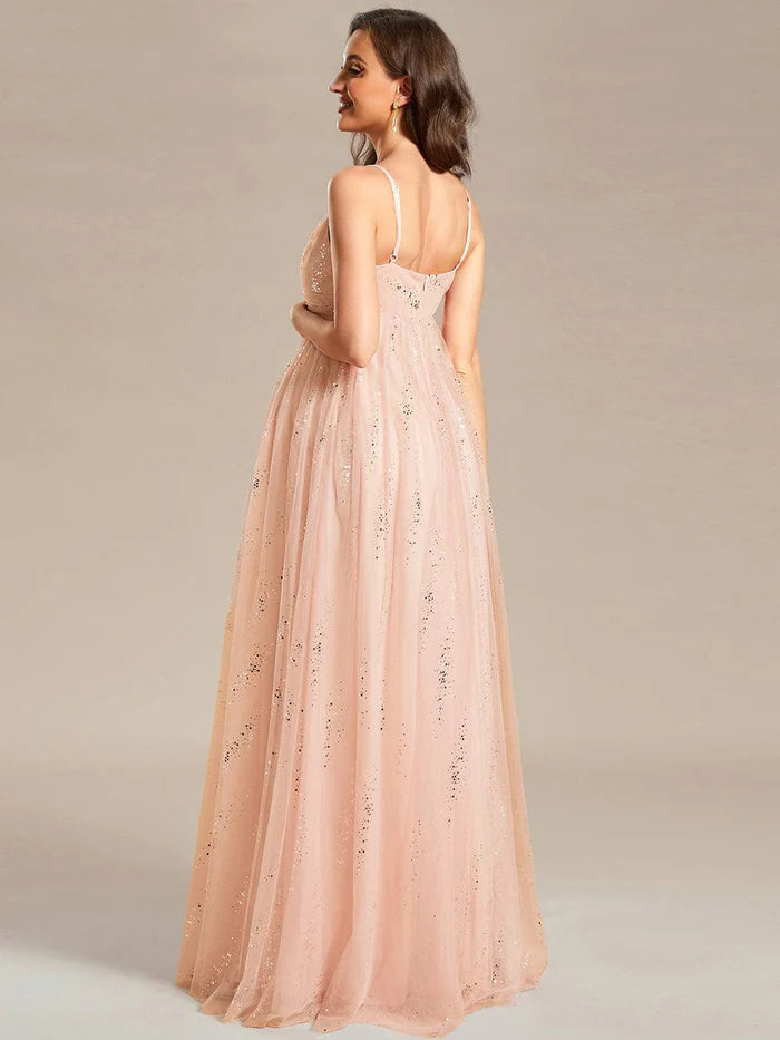 Spaghetti Strap Scattered Sequins V-neck Floor Length Maternity Dress
