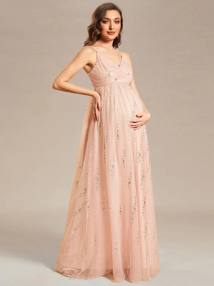 Spaghetti Strap Scattered Sequins V-neck Floor Length Maternity Dress