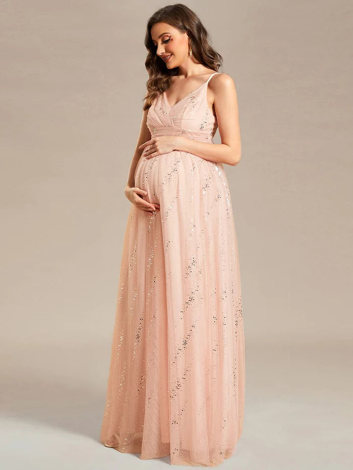 Spaghetti Strap Scattered Sequins V-neck Floor Length Maternity Dress