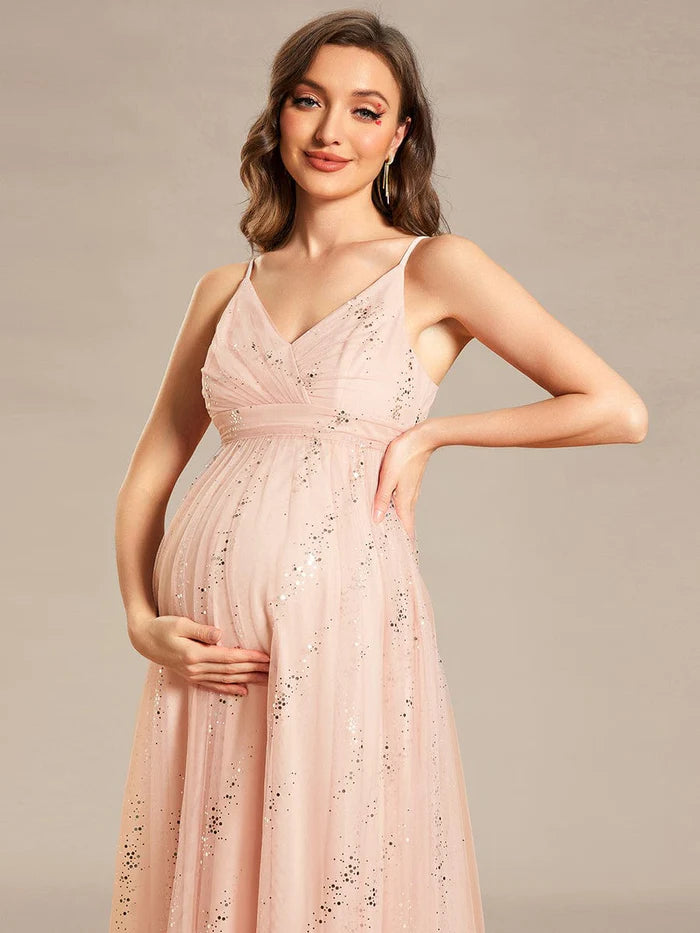 Spaghetti Strap Scattered Sequins V-neck Floor Length Maternity Dress