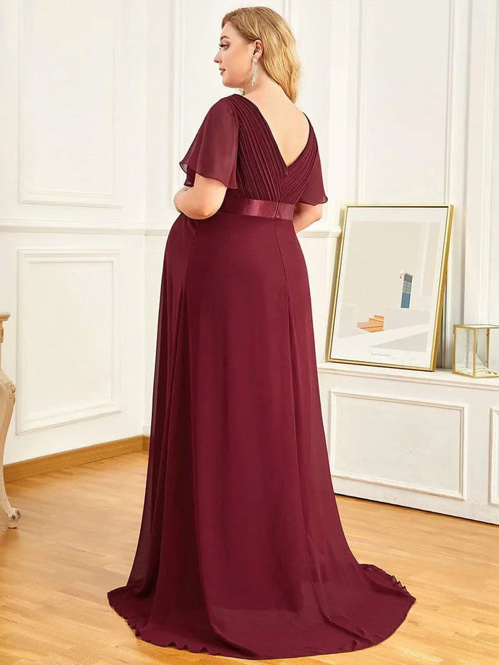 Plus Size Pleated Bodice Ruffle Sleeves V Neck Floor Length Maternity Dress