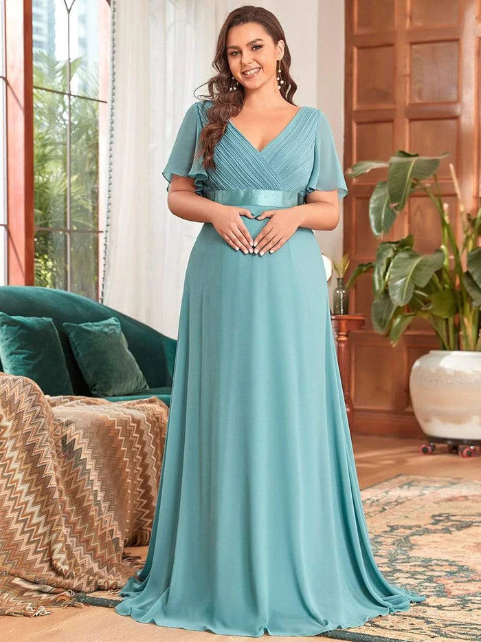 Plus Size Pleated Bodice Ruffle Sleeves V Neck Floor Length Maternity Dress