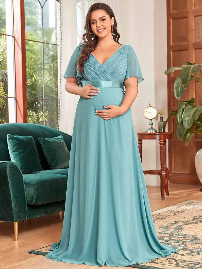 Plus Size Pleated Bodice Ruffle Sleeves V Neck Floor Length Maternity Dress