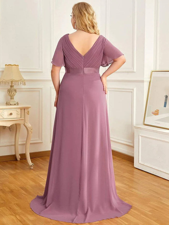 Plus Size Pleated Bodice Ruffle Sleeves V Neck Floor Length Maternity Dress