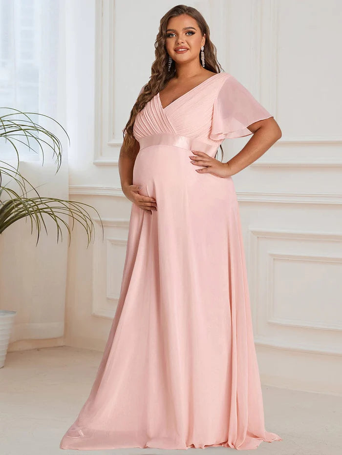 Plus Size Pleated Bodice Ruffle Sleeves V Neck Floor Length Maternity Dress
