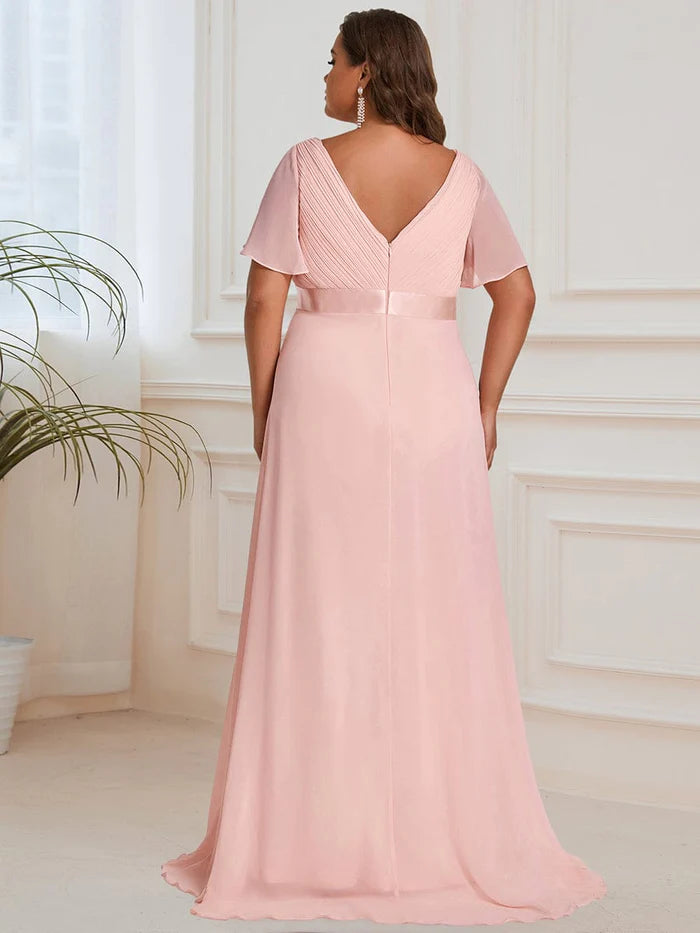 Plus Size Pleated Bodice Ruffle Sleeves V Neck Floor Length Maternity Dress