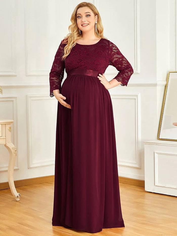 3/4 Sleeve Lace Floor Length Plus Size Maternity Dress