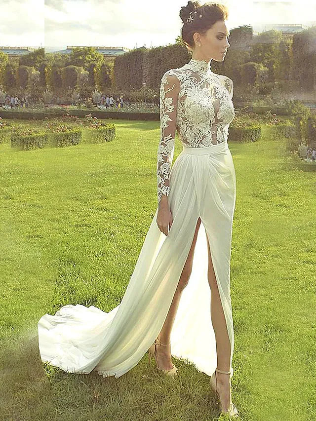 A-Line Wedding Dresses High Neck Court Train Lace Polyester Long Sleeve Country Illusion Sleeve with Lace Insert Appliques Split Front