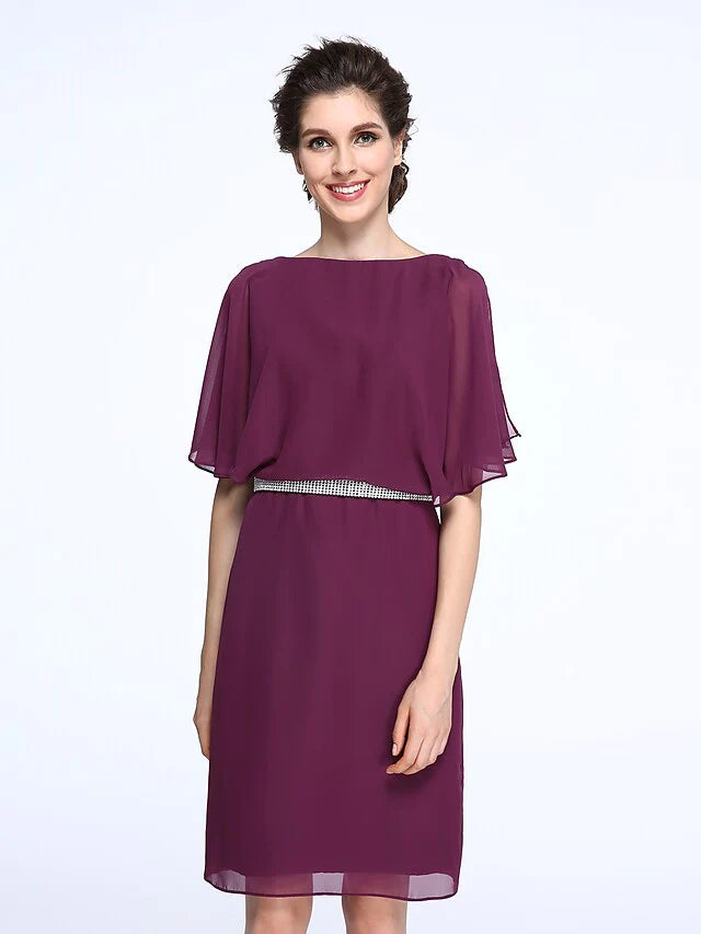 Mother of the Bride Dress Elegant Bateau Neck Knee Length Chiffon Half Sleeve with Crystals