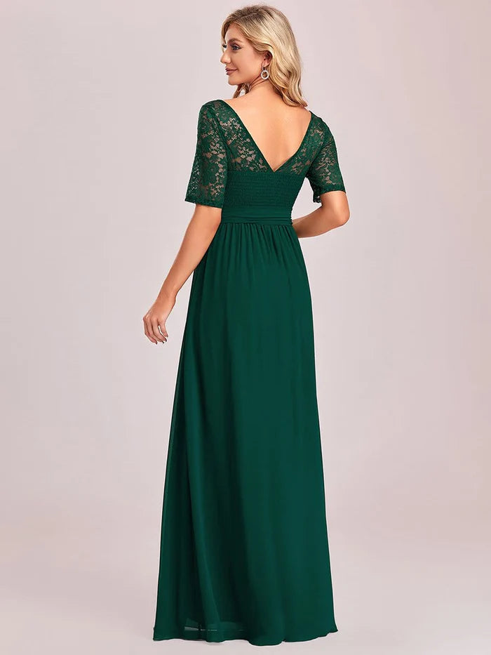Elegant Short Sleeve Lace & Chiffon Floor Length Evening Dress