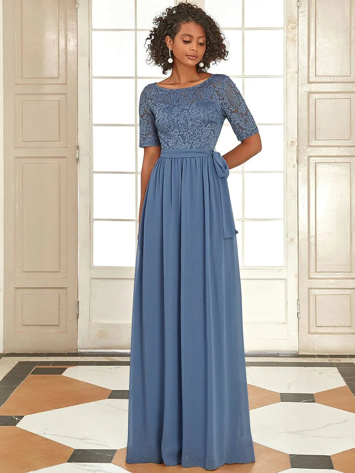 Elegant Short Sleeve Lace & Chiffon Floor Length Evening Dress