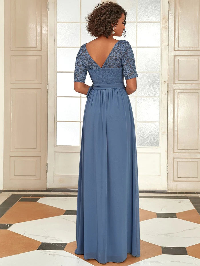 Elegant Short Sleeve Lace & Chiffon Floor Length Evening Dress
