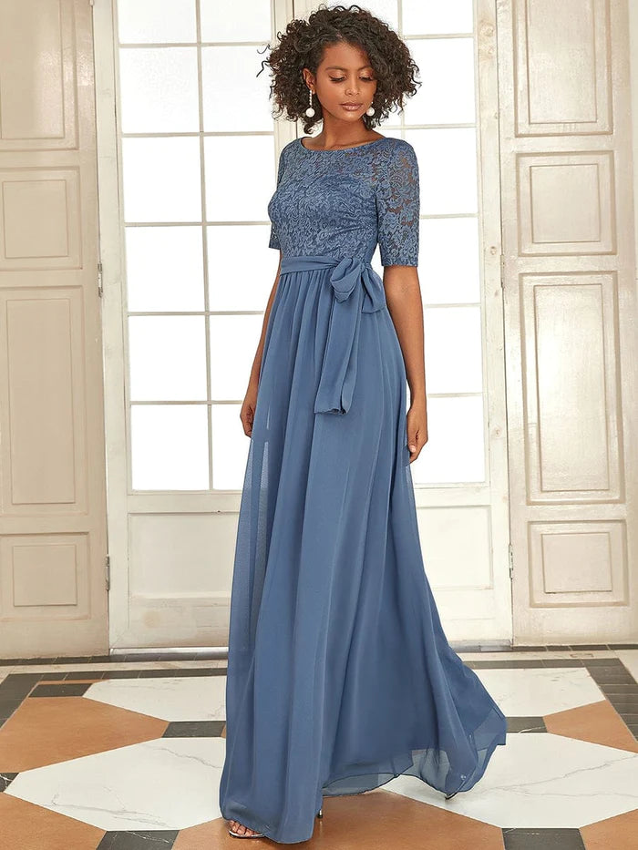Elegant Short Sleeve Lace & Chiffon Floor Length Evening Dress